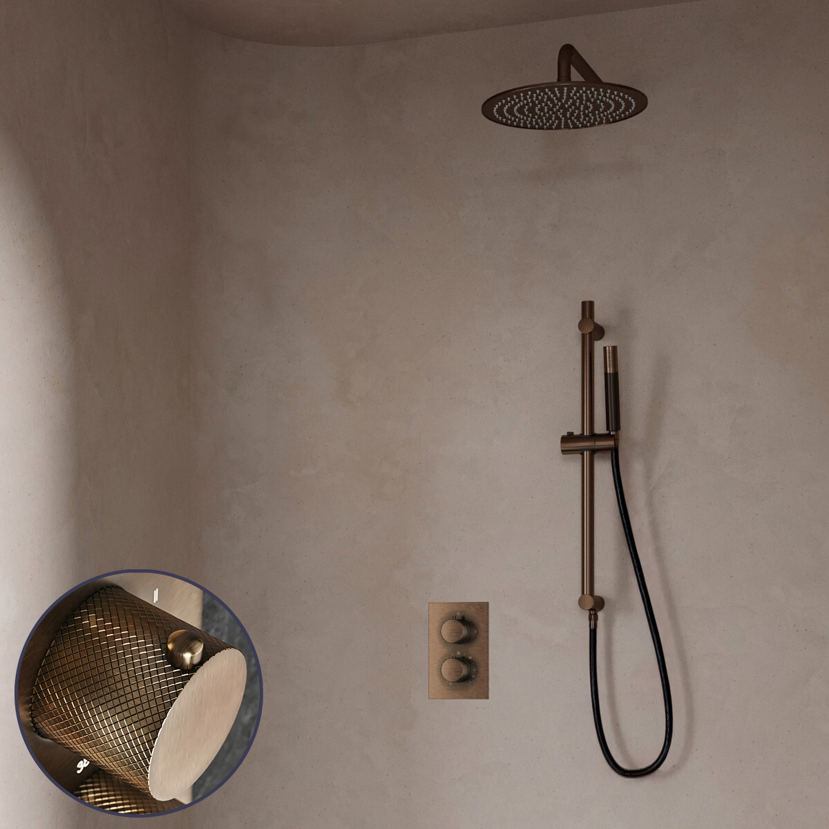Saniclear Antique Curved Pro inbouw regendouche met 30cm hoofddouche, muurarm en glijstang verouderd messing