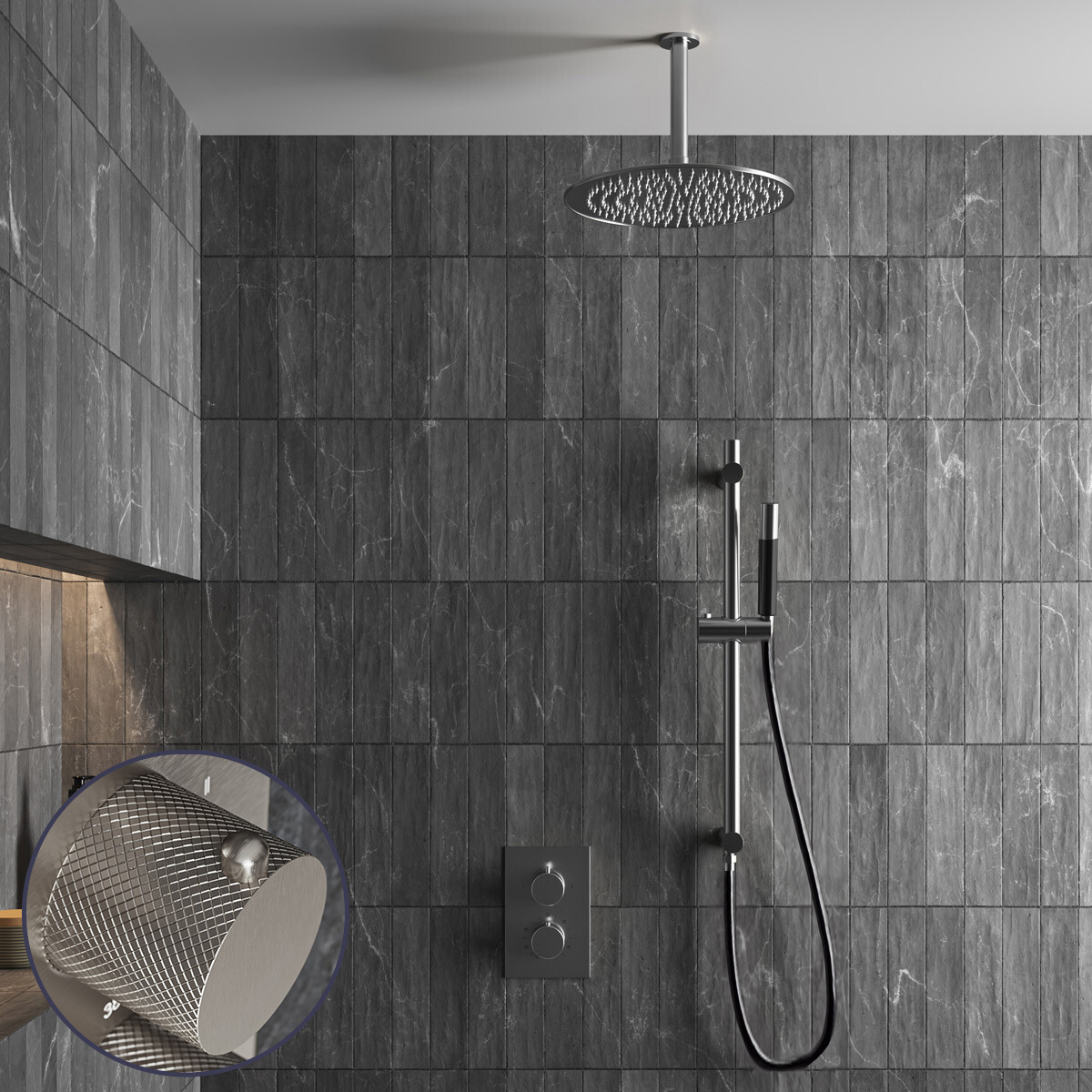 Saniclear Exclusive Curved Pro inbouw regendouche met 30cm hoofddouche, plafondarm en glijstang RVS