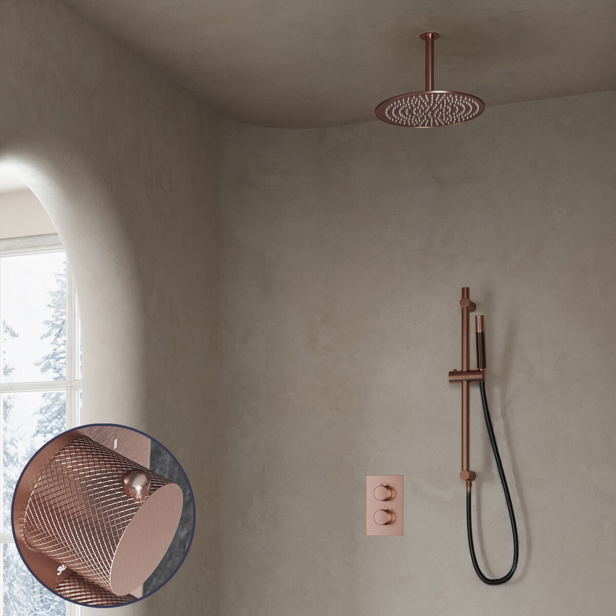 Saniclear Copper Curved Pro inbouw regendouche met 30cm hoofddouche, plafondarm en glijstang geborsteld koper