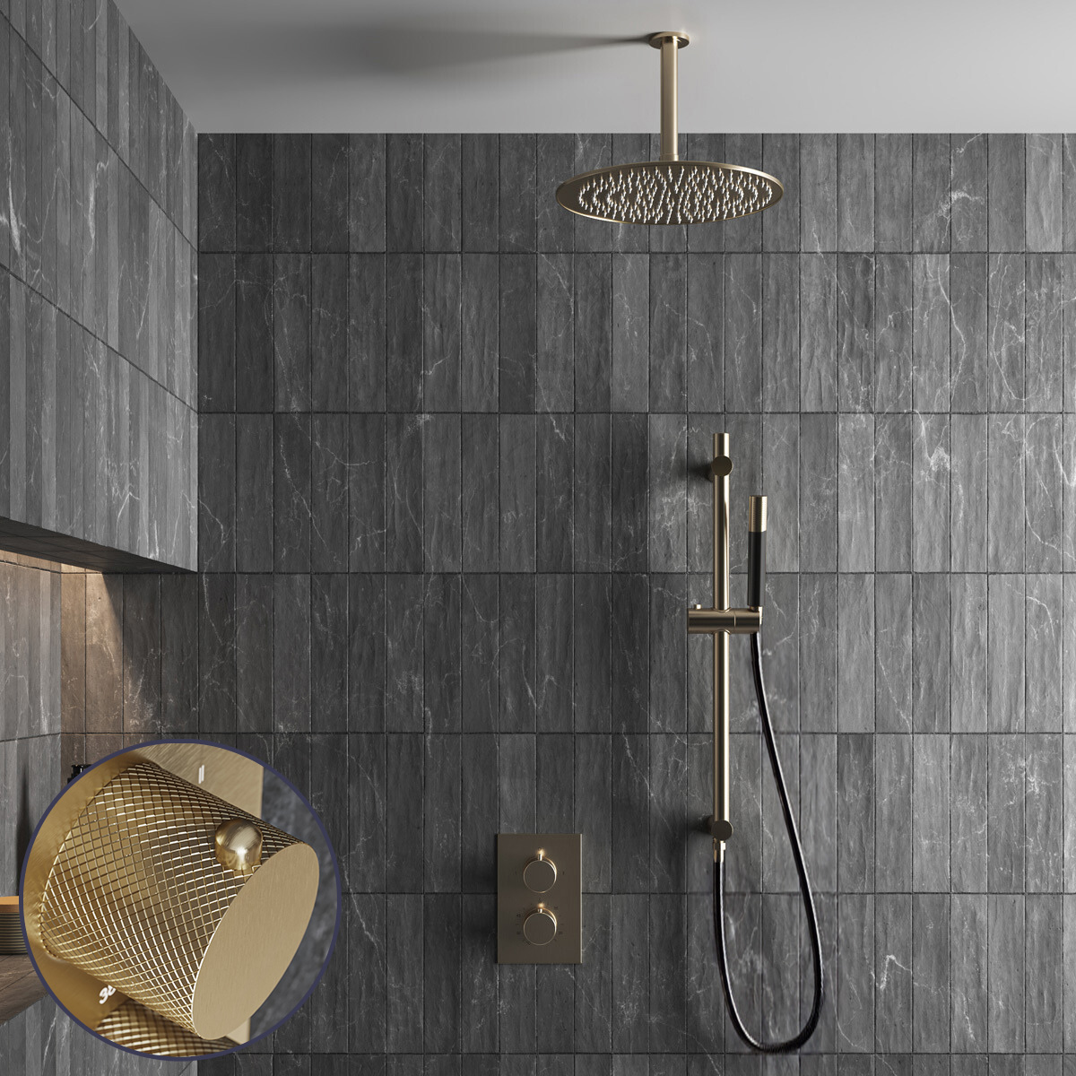 Saniclear Brass Curved Pro inbouw regendouche met 30cm hoofddouche, plafondarm en glijstang geborsteld messing - mat goud