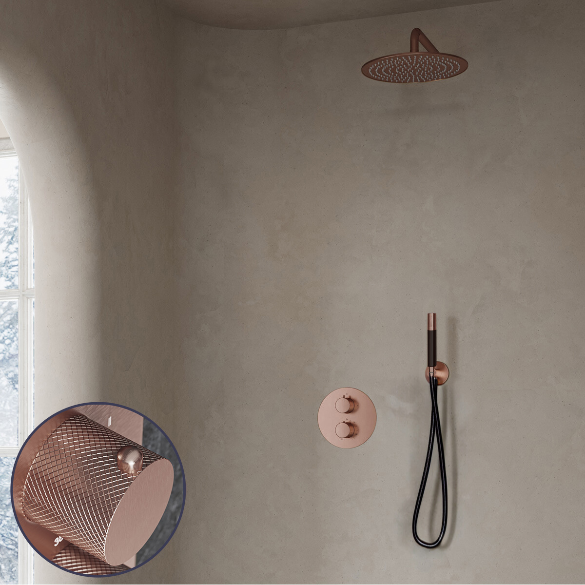 Saniclear Copper Curved Pro inbouw regendouche rond met 30cm hoofddouche en muurarm geborsteld koper