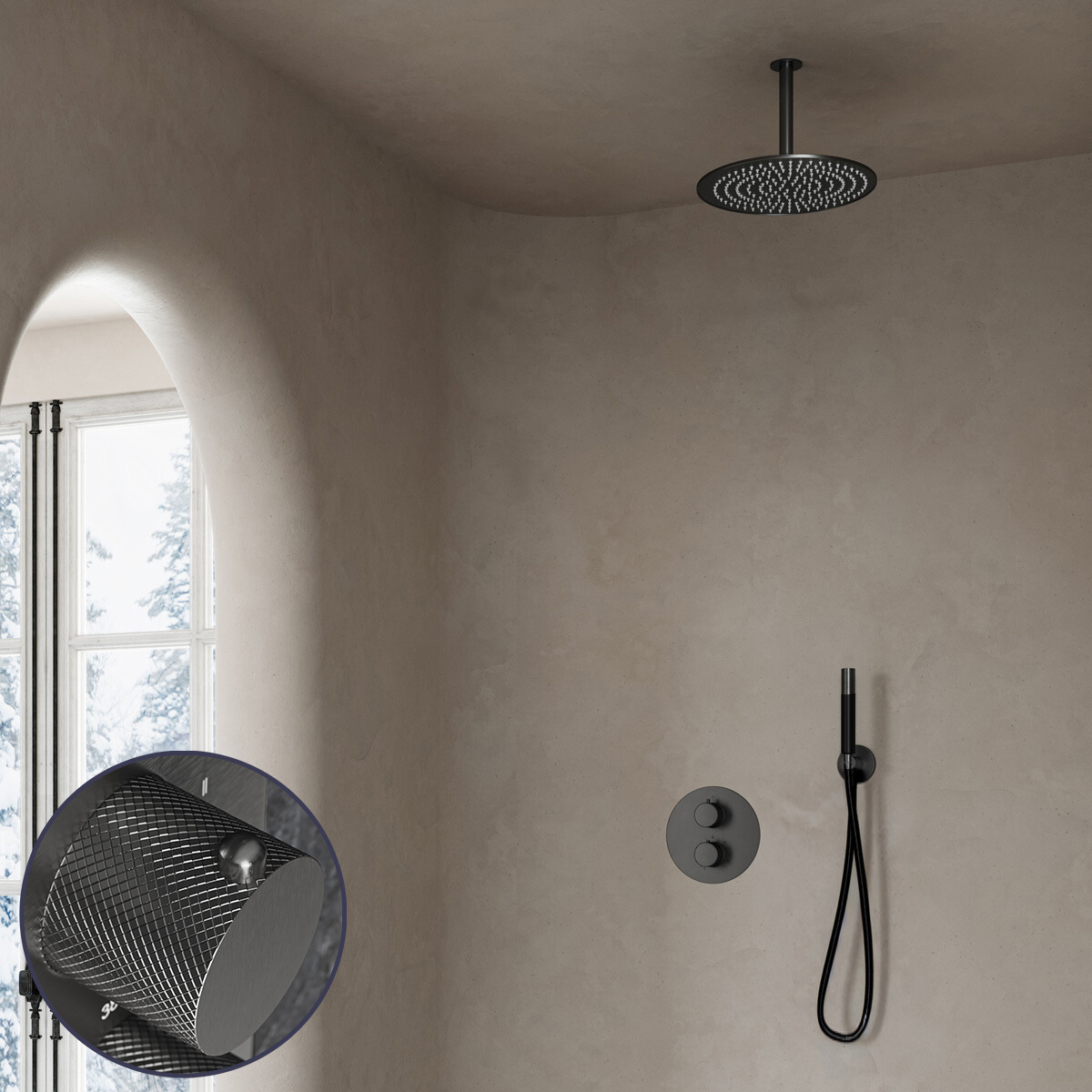 Saniclear Iron Curved Pro inbouw regendouche rond met 30cm hoofddouche en plafondarm verouderd ijzer - gunmetal