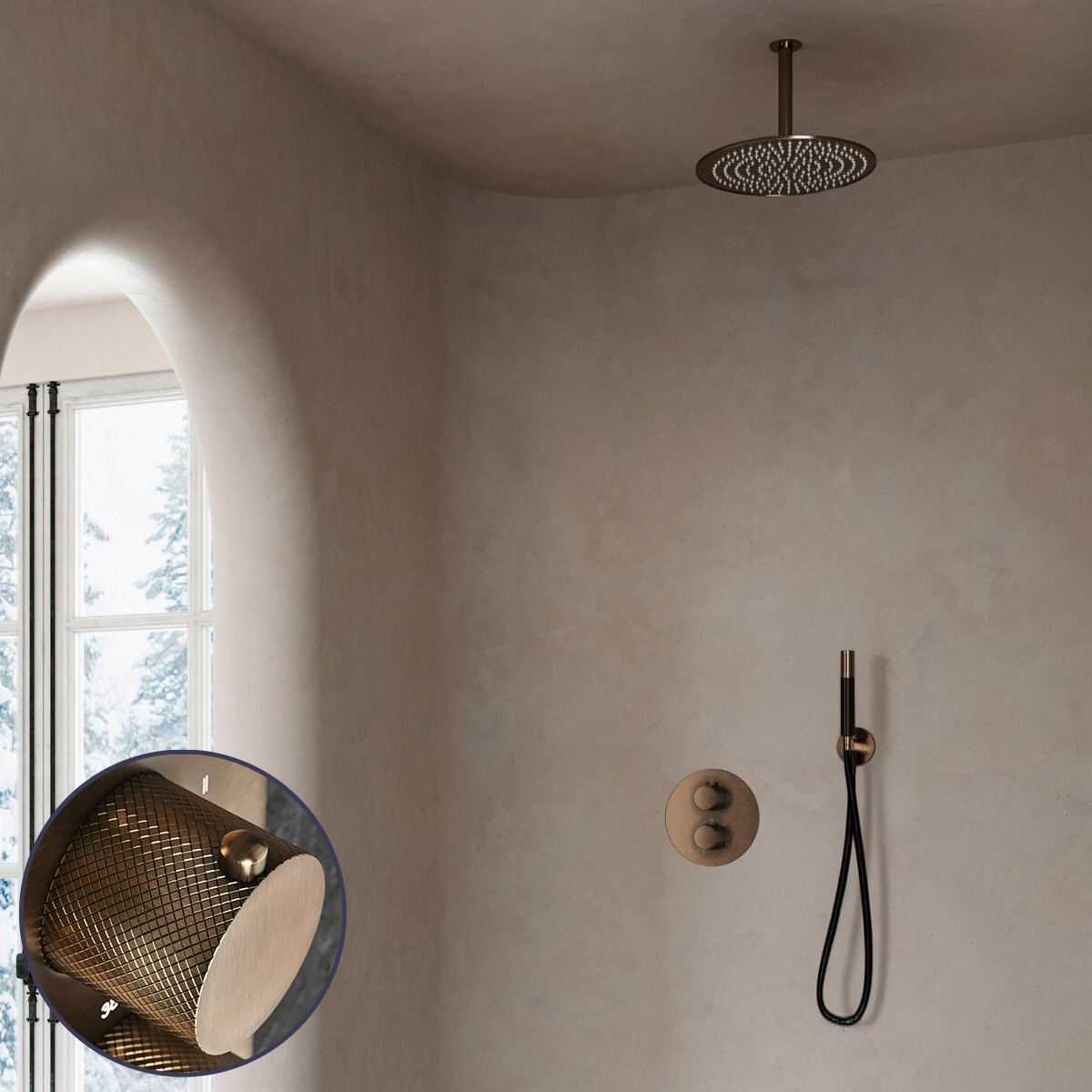 Saniclear Antique Curved Pro inbouw regendouche rond met 30cm hoofddouche en plafondarm verouderd messing