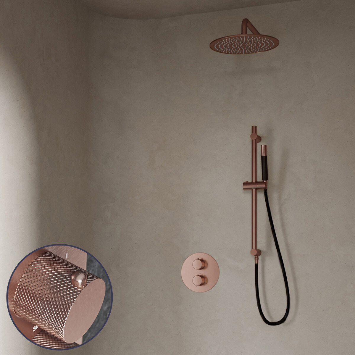Saniclear Copper Curved Pro inbouw regendouche rond met 30cm hoofddouche, muurarm en glijstang geborsteld koper
