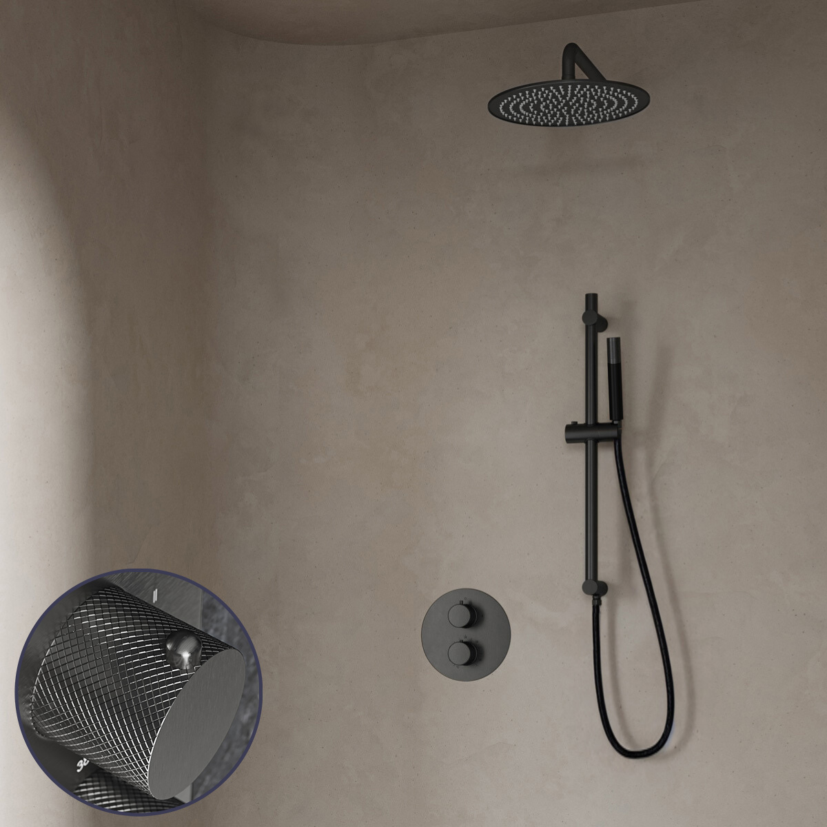 Saniclear Iron Curved Pro inbouw regendouche rond met 30cm hoofddouche, muurarm en glijstang verouderd ijzer - gunmetal