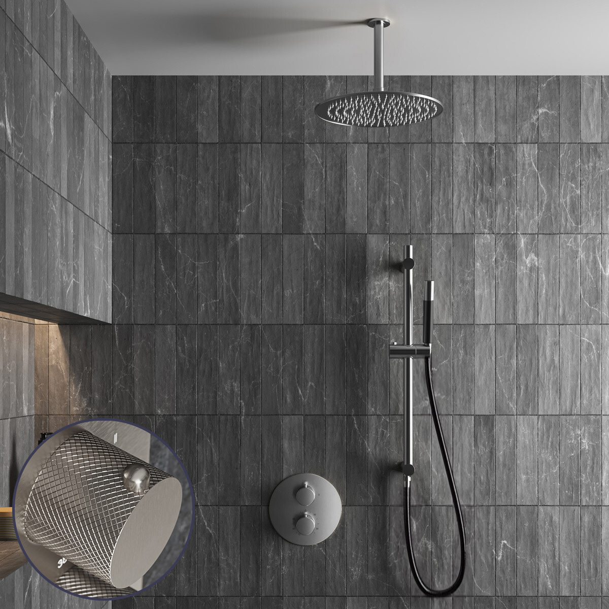 Saniclear Exclusive Curved Pro inbouw regendouche rond met 30cm hoofddouche, plafondarm en glijstang RVS