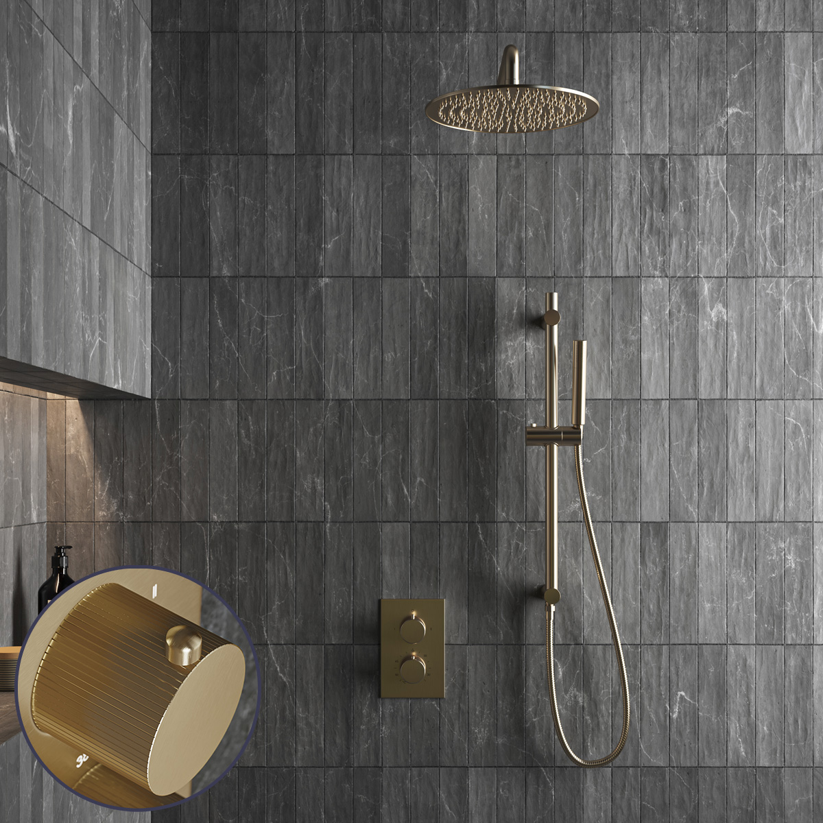 Saniclear Brass Stripes inbouw regendouche met 30cm hoofddouche, muurarm en glijstang geborsteld messing - mat goud