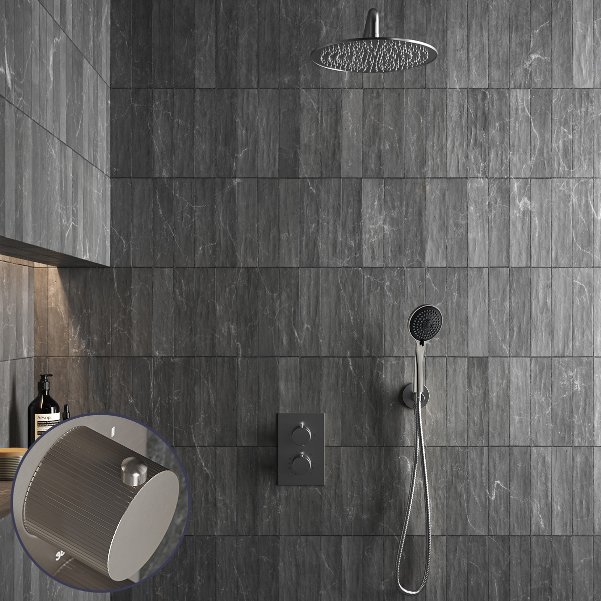 Saniclear Exclusive Stripes inbouw regendouche met 30cm hoofddouche, muurarm en 3 standen handdouche RVS