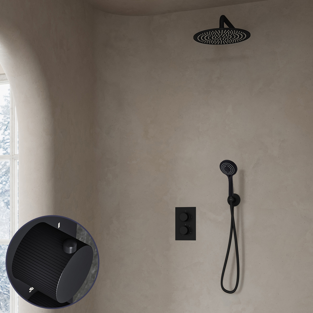 Saniclear Nero Stripes inbouw regendouche met 30cm hoofddouche, muurarm en 3 standen handdouche zwart mat