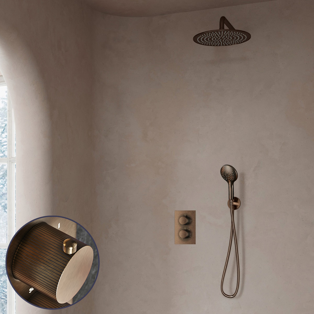 Saniclear Antique Stripes inbouw regendouche met 30cm hoofddouche, muurarm en 2 standen handdouche verouderd messing