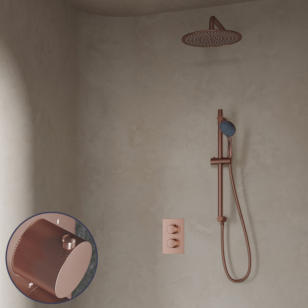 Saniclear Copper Stripes inbouw regendouche met 30cm hoofddouche, muurarm, 3 standen handdouche en glijstang geborsteld koper