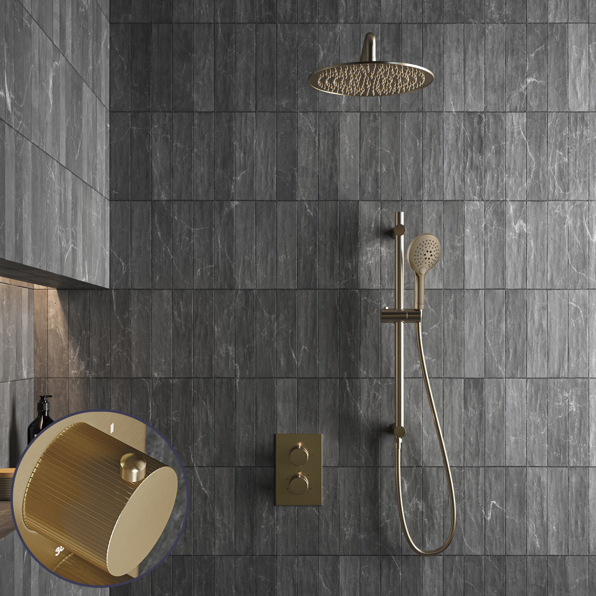 Saniclear Brass Stripes inbouw regendouche met 30cm hoofddouche, muurarm, 2 standen handdouche en glijstang geborsteld messing - mat goud