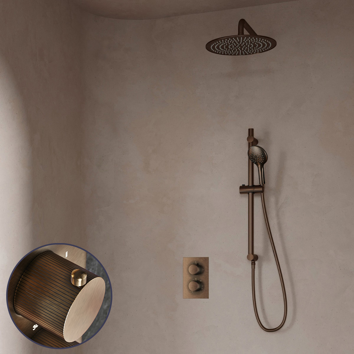 Saniclear Antique Stripes inbouw regendouche met 30cm hoofddouche, muurarm, 2 standen handdouche en glijstang verouderd messing