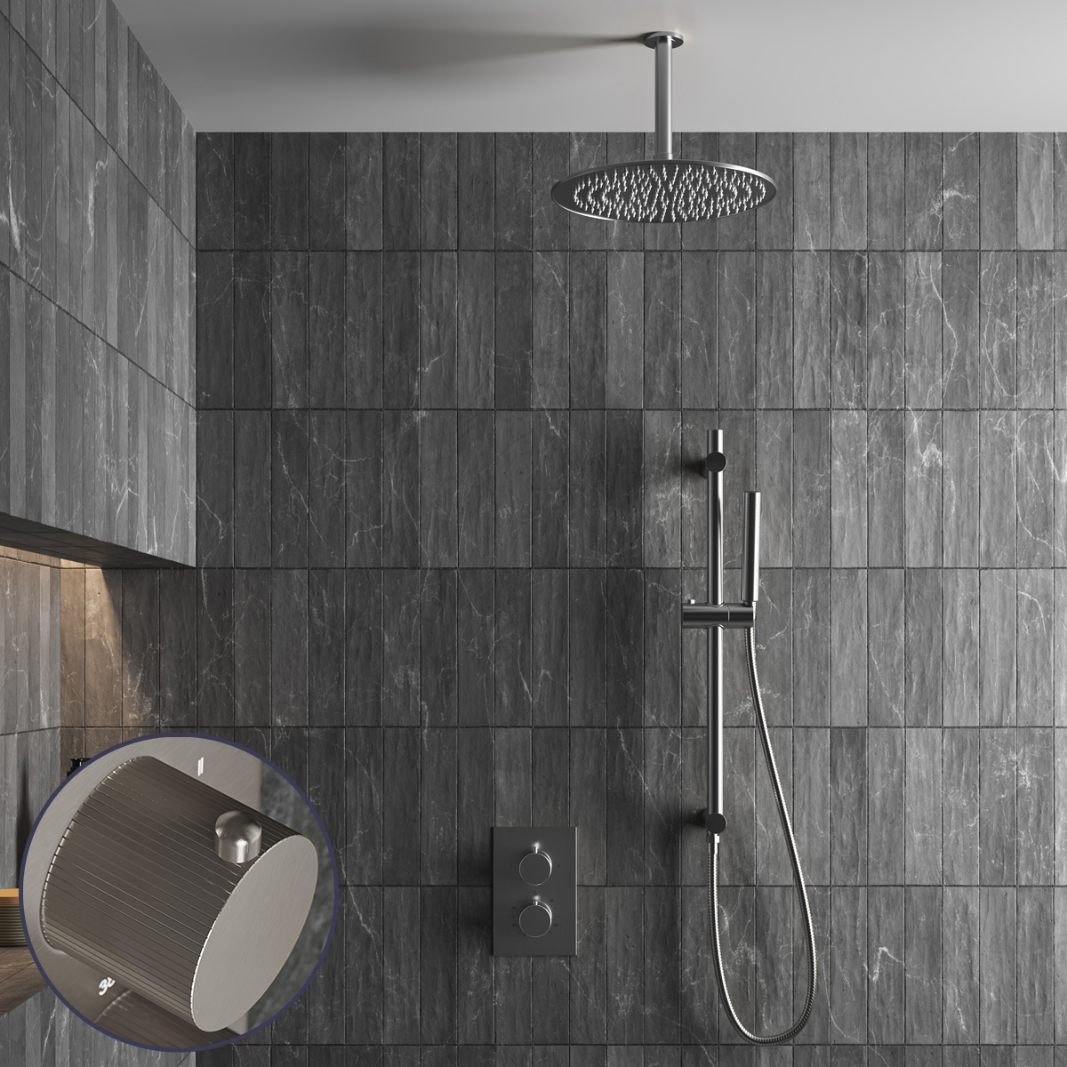 Saniclear Exclusive Stripes inbouw regendouche met 30cm hoofddouche, plafondarm en glijstang RVS
