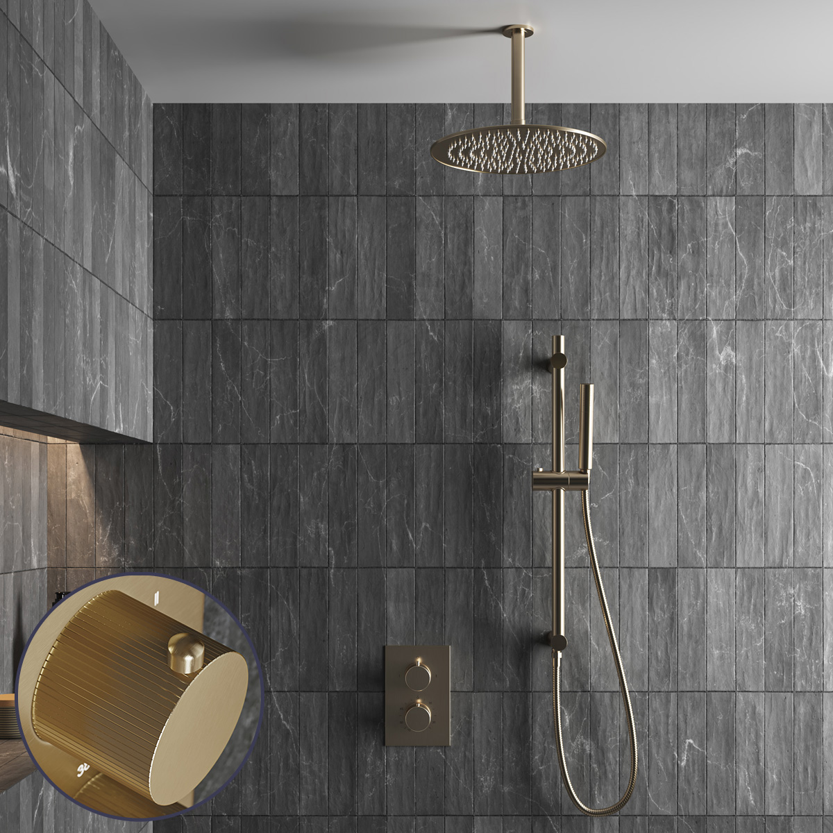 Saniclear Brass Stripes inbouw regendouche met 30cm hoofddouche, plafondarm en glijstang geborsteld messing - mat goud