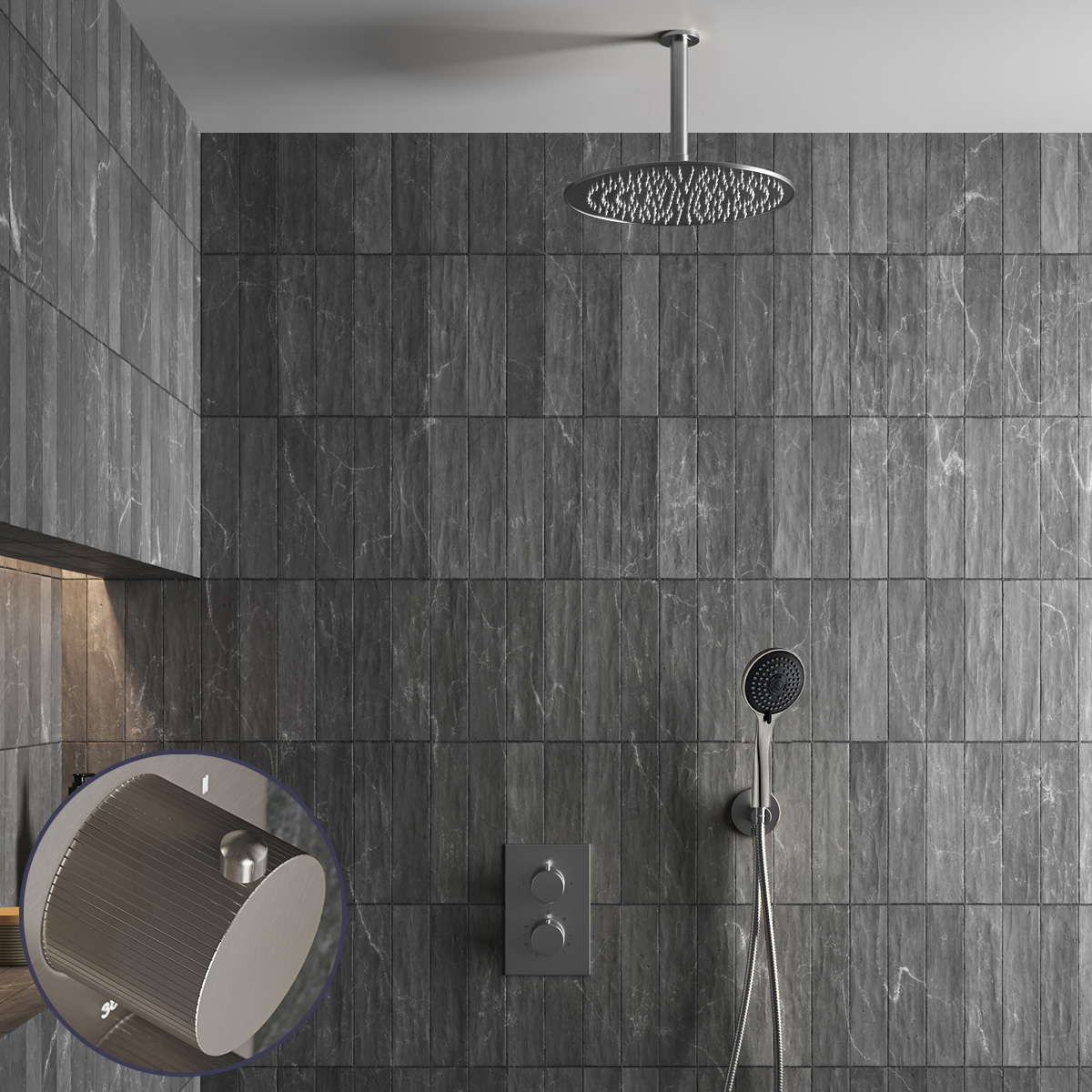 Saniclear Exclusive Stripes inbouw regendouche met 30cm hoofddouche, plafondarm en 3 standen handdouche RVS