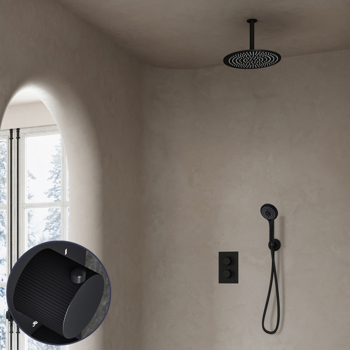 Saniclear Nero Stripes inbouw regendouche met 30cm hoofddouche, plafondarm en 3 standen handdouche zwart mat