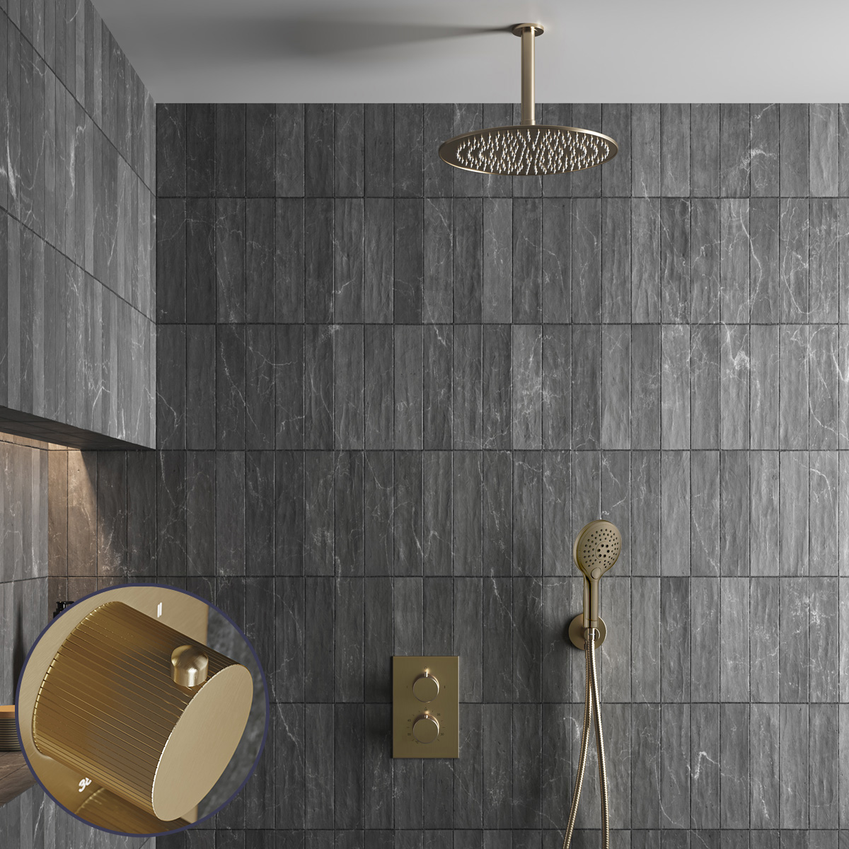 Saniclear Brass Stripes inbouw regendouche met 30cm hoofddouche, plafondarm en 2 standen handdouche geborsteld messing - mat goud