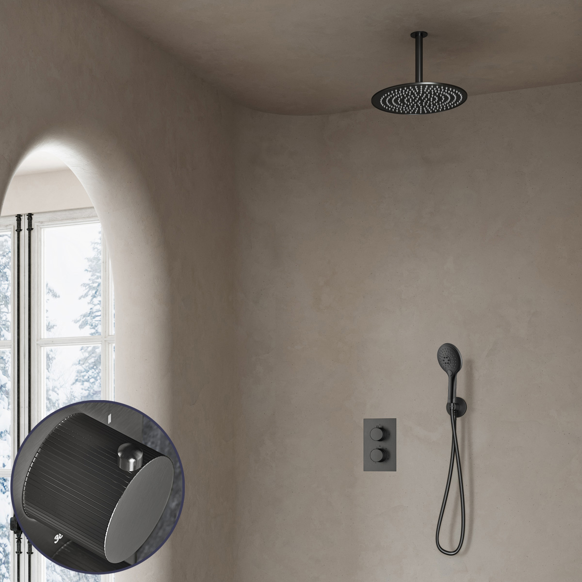 Saniclear Iron Stripes inbouw regendouche met 30cm hoofddouche, plafondarm en 2 standen handdouche verouderd ijzer - gunmetal