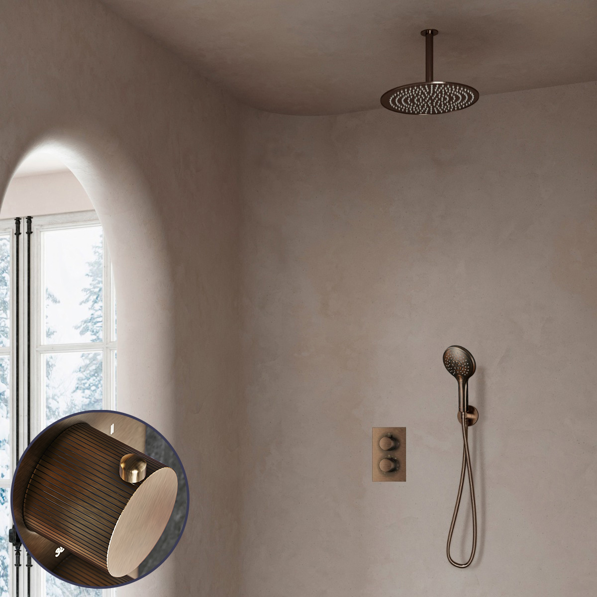 Saniclear Antique Stripes inbouw regendouche met 30cm hoofddouche, plafondarm en 2 standen handdouche verouderd messing