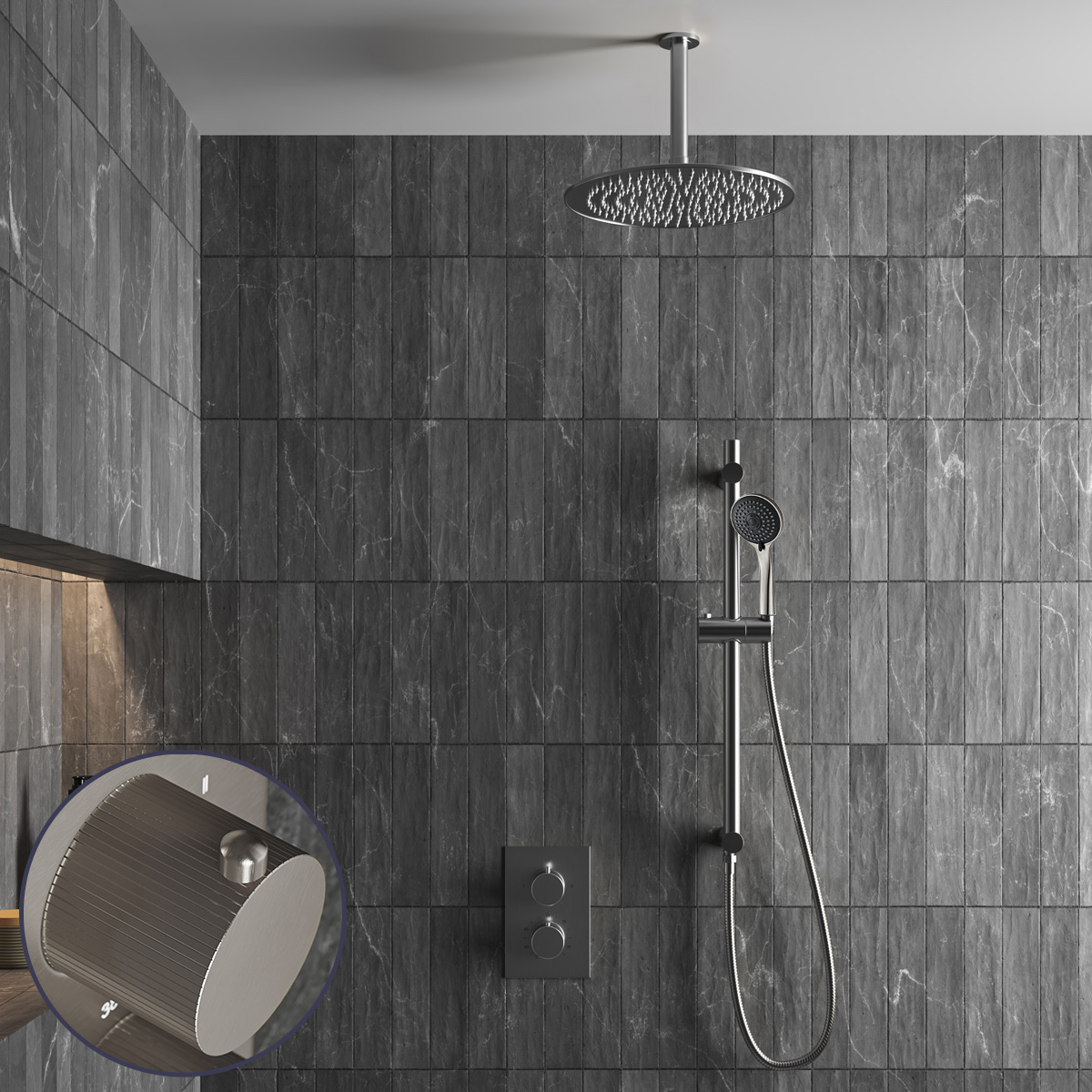 Saniclear Exclusive Stripes inbouw regendouche met 30cm hoofddouche, plafondarm, 3 standen handdouche en glijstang RVS