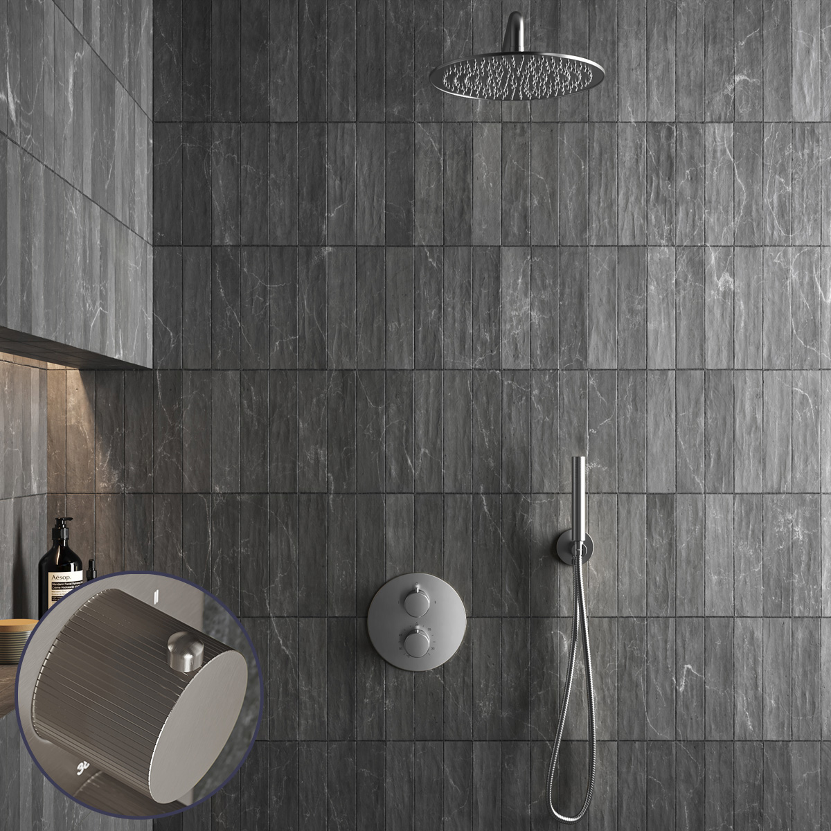 Saniclear Exclusive Stripes inbouw regendouche rond met 20cm hoofddouche en muurarm RVS