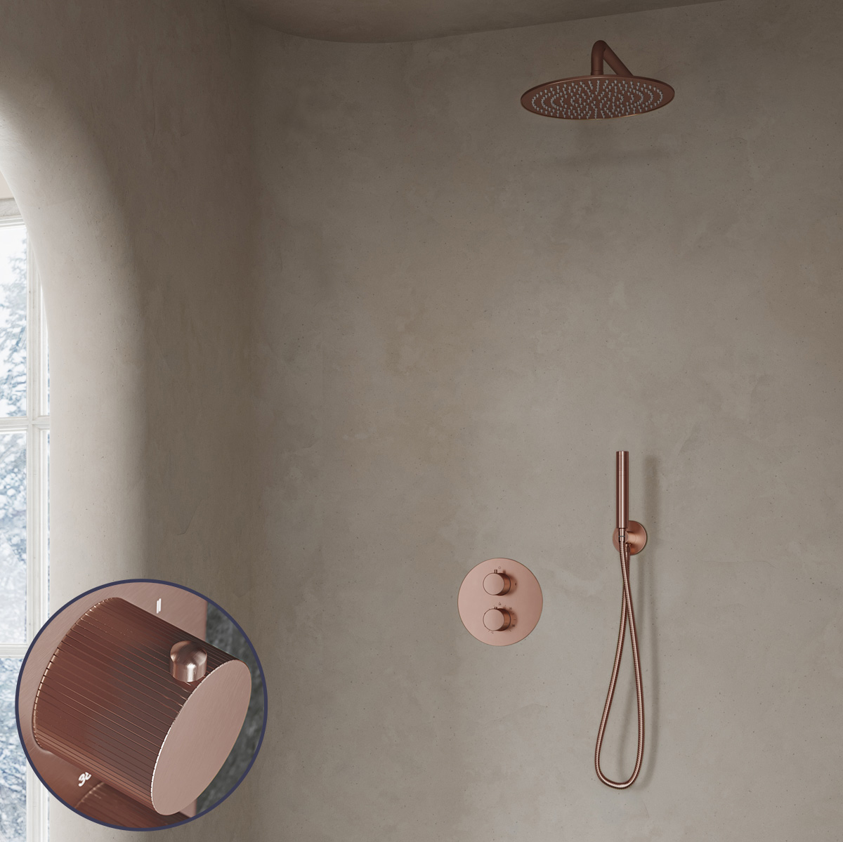 Saniclear Copper Stripes inbouw regendouche rond met 30cm hoofddouche en muurarm geborsteld koper