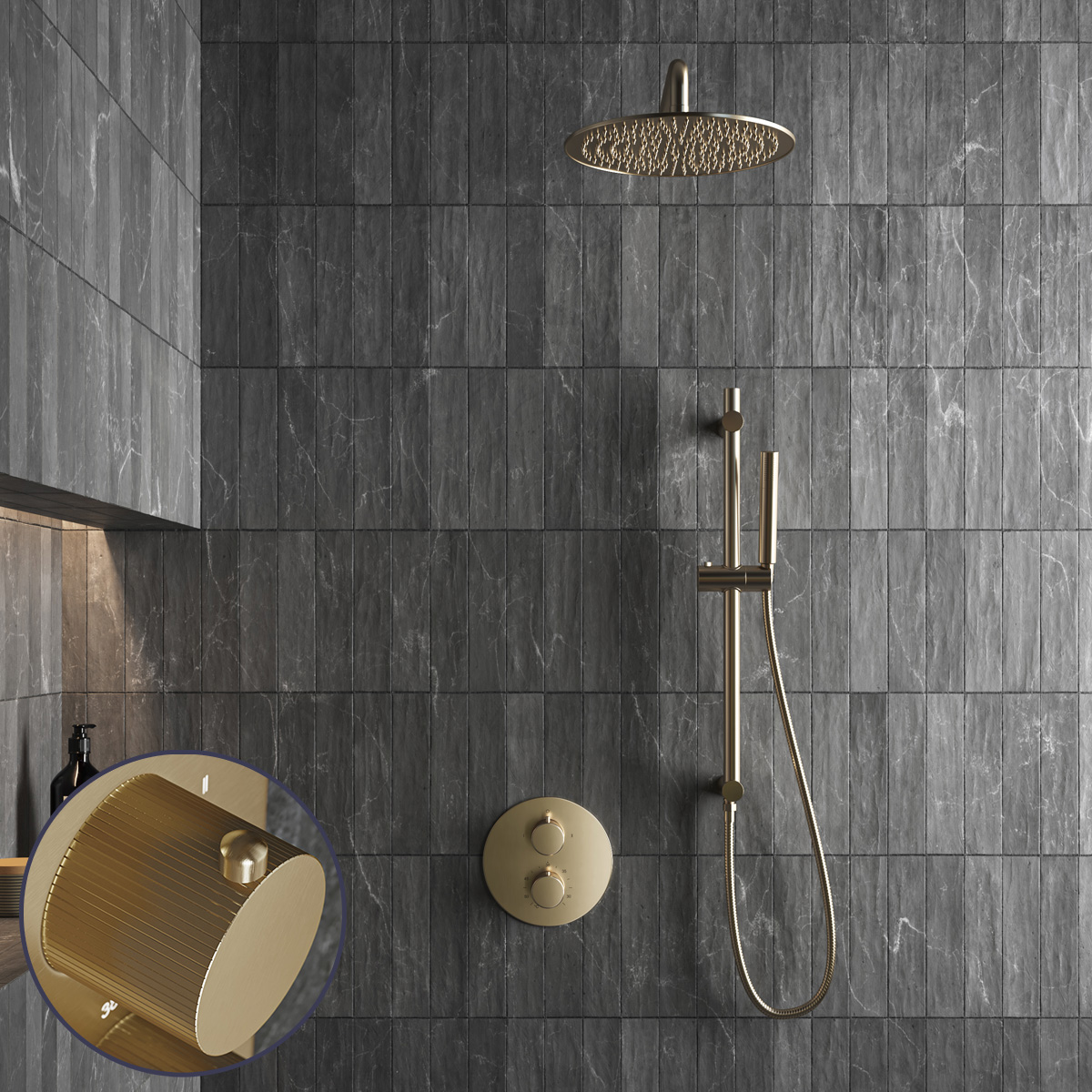 Saniclear Brass Stripes inbouw regendouche rond met 20cm hoofddouche, muurarm en glijstang geborsteld messing - mat goud