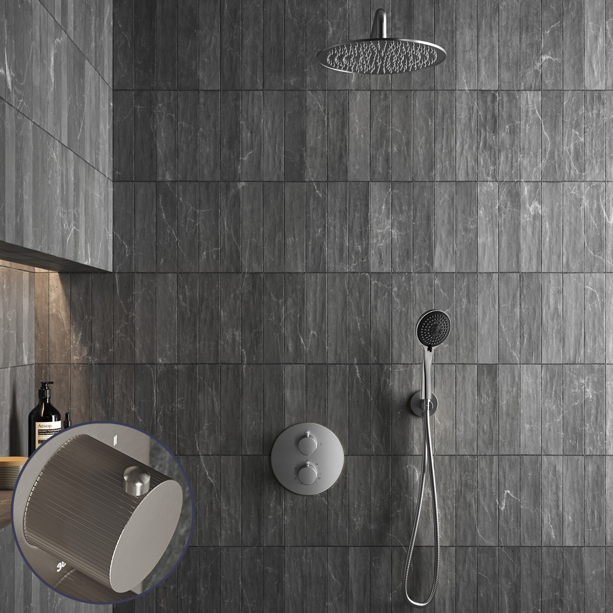 Saniclear Exclusive Stripes inbouw regendouche rond met 20cm hoofddouche, muurarm en 3 standen handdouche RVS