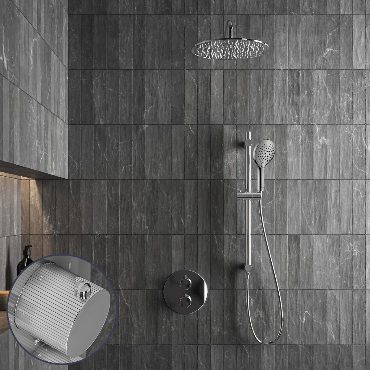 Saniclear Talpa Stripes inbouw regendouche rond met 20cm hoofddouche, muurarm, 2 standen handdouche en glijstang chroom