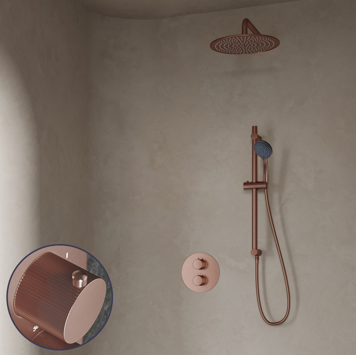 Saniclear Copper Stripes inbouw regendouche rond met 20cm hoofddouche, muurarm, 3 standen handdouche en glijstang geborsteld koper