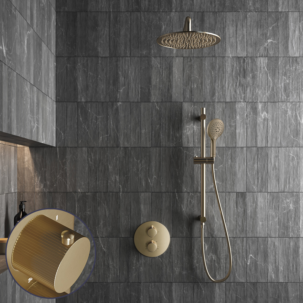 Saniclear Brass Stripes inbouw regendouche rond met 20cm hoofddouche, muurarm, 2 standen handdouche en glijstang geborsteld messing - mat goud