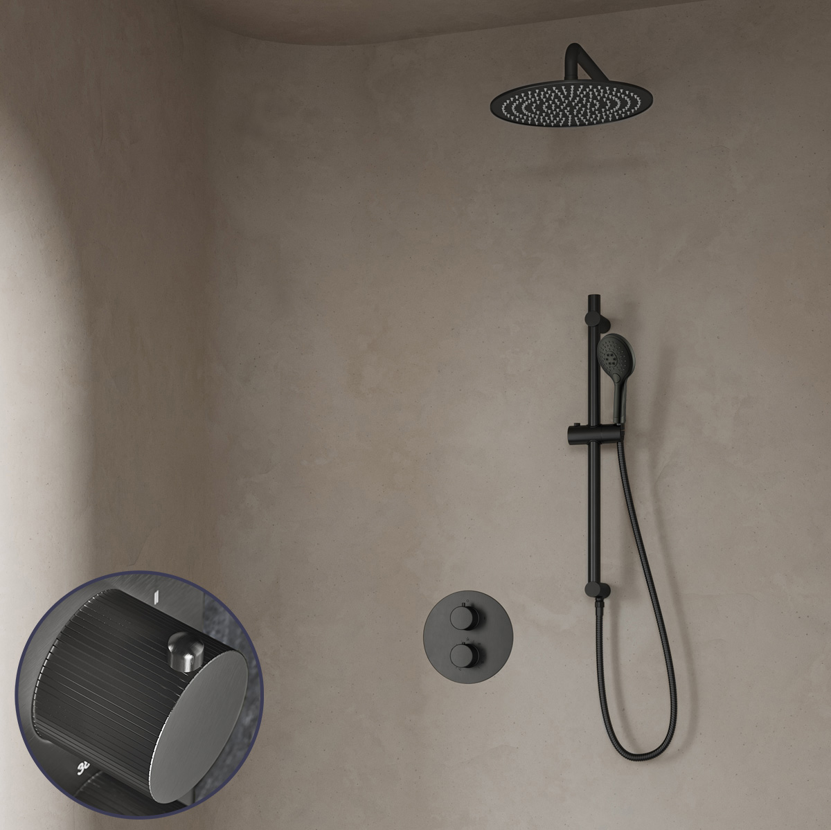 Saniclear Iron Stripes inbouw regendouche rond met 20cm hoofddouche, muurarm, 2 standen handdouche en glijstang verouderd ijzer - gunmetal