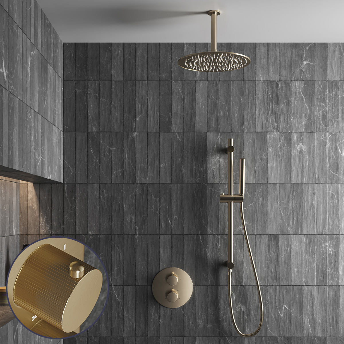 Saniclear Brass Stripes inbouw regendouche rond met 20cm hoofddouche, plafondarm en glijstang geborsteld messing - mat goud
