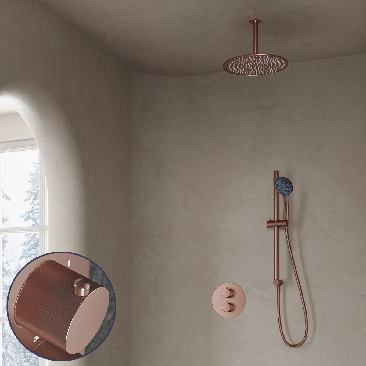 Saniclear Copper Stripes inbouw regendouche rond met 20cm hoofddouche, plafondarm, 3 standen handdouche en glijstang geborsteld koper
