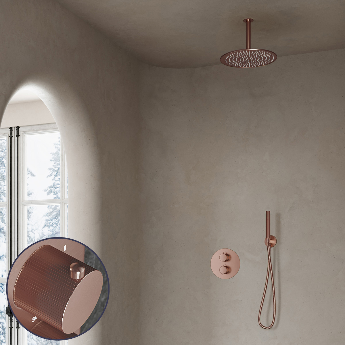 Saniclear Copper Stripes inbouw regendouche rond met 30cm hoofddouche en plafondarm geborsteld koper