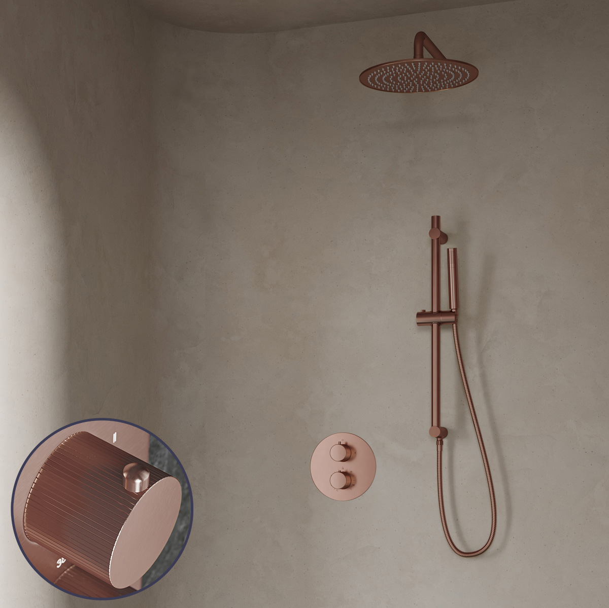 Saniclear Copper Stripes inbouw regendouche rond met 30cm hoofddouche, muurarm en glijstang geborsteld koper