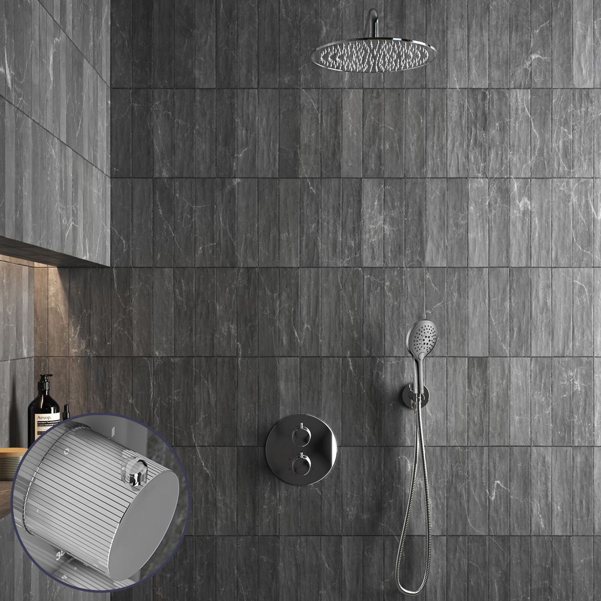 Saniclear Talpa Stripes inbouw regendouche rond met 30cm hoofddouche, muurarm en 2 standen handdouche chroom