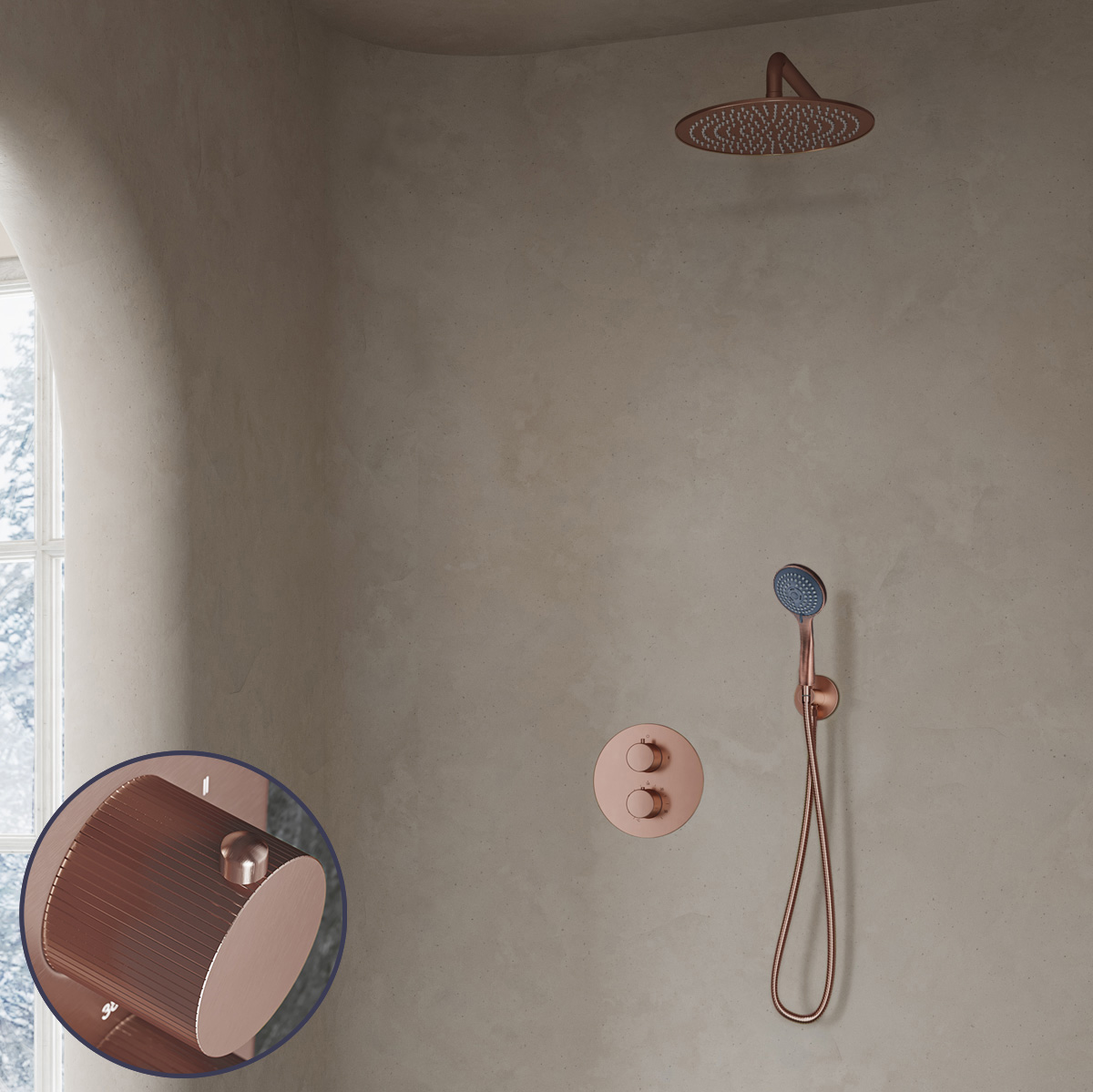 Saniclear Copper Stripes inbouw regendouche rond met 30cm hoofddouche, muurarm en 3 standen handdouche geborsteld koper