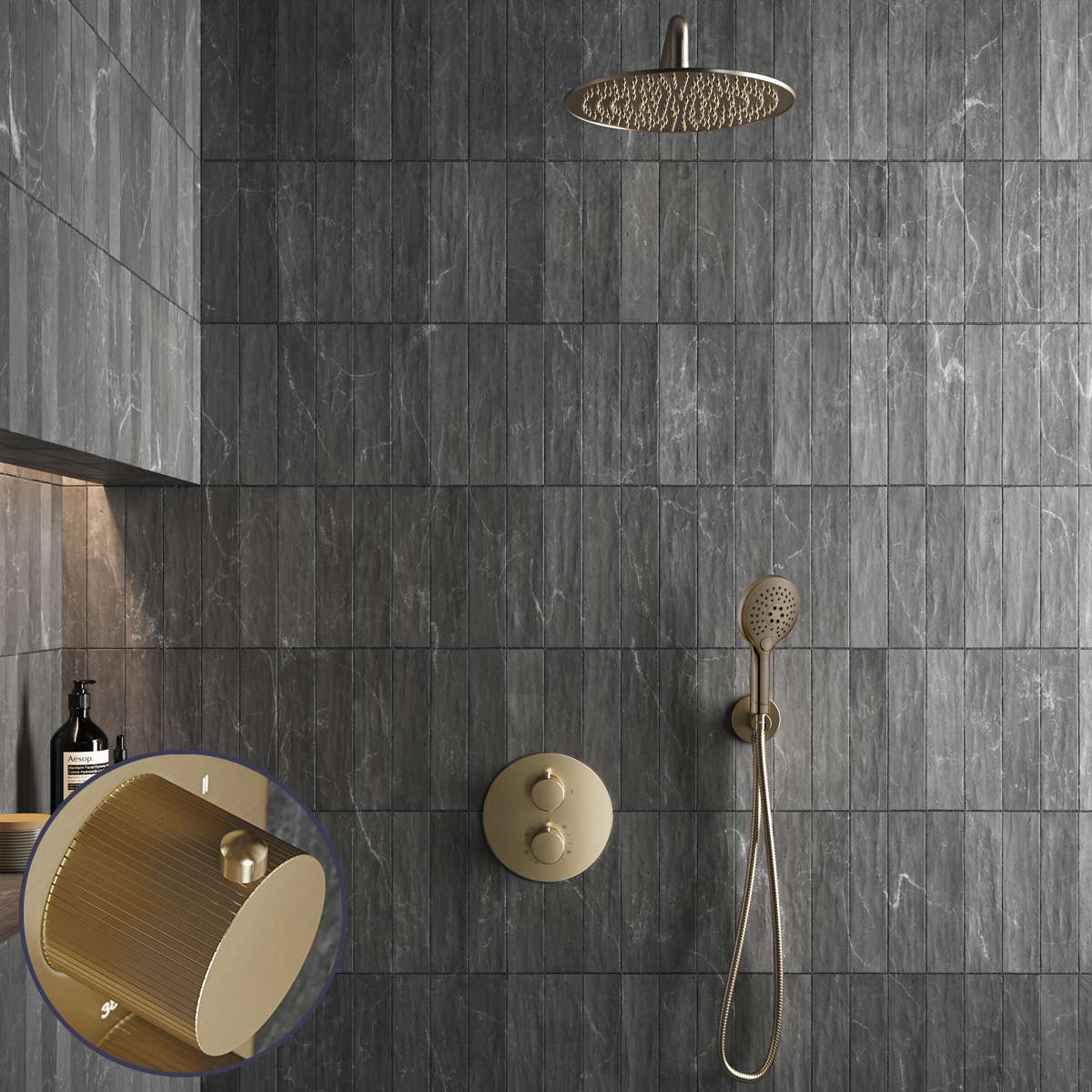 Saniclear Brass Stripes inbouw regendouche rond met 30cm hoofddouche, muurarm en 2 standen handdouche geborsteld messing - mat goud