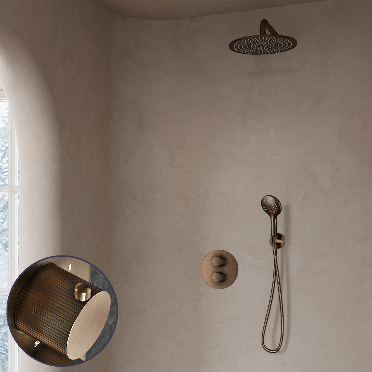 Saniclear Antique Stripes inbouw regendouche rond met 30cm hoofddouche, muurarm en 2 standen handdouche verouderd messing