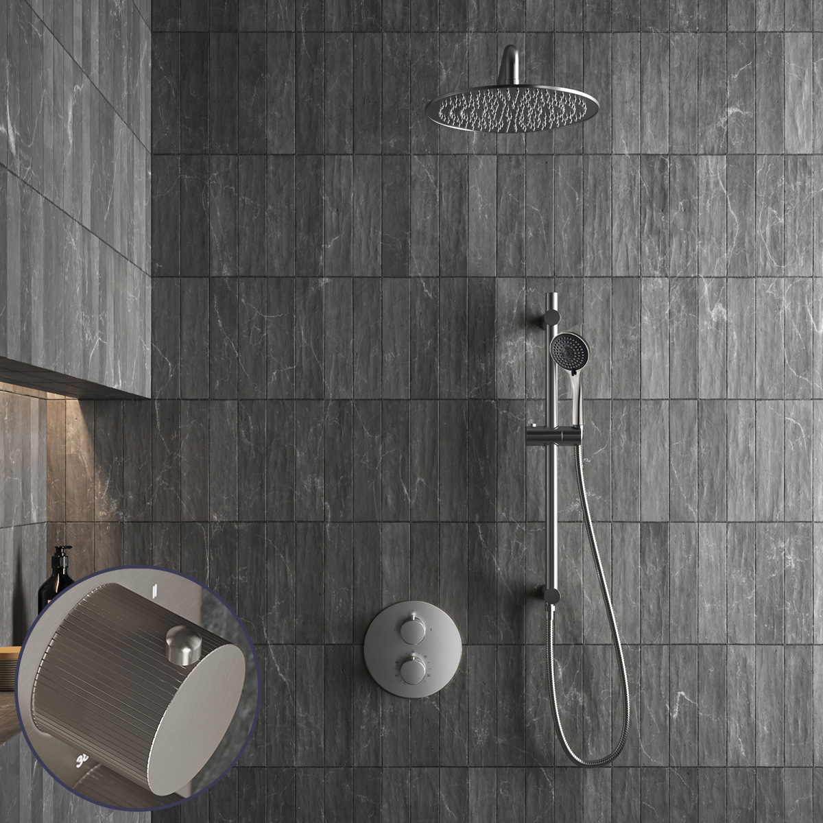 Saniclear Exclusive Stripes inbouw regendouche rond met 30cm hoofddouche, muurarm, 3 standen handdouche en glijstang RVS