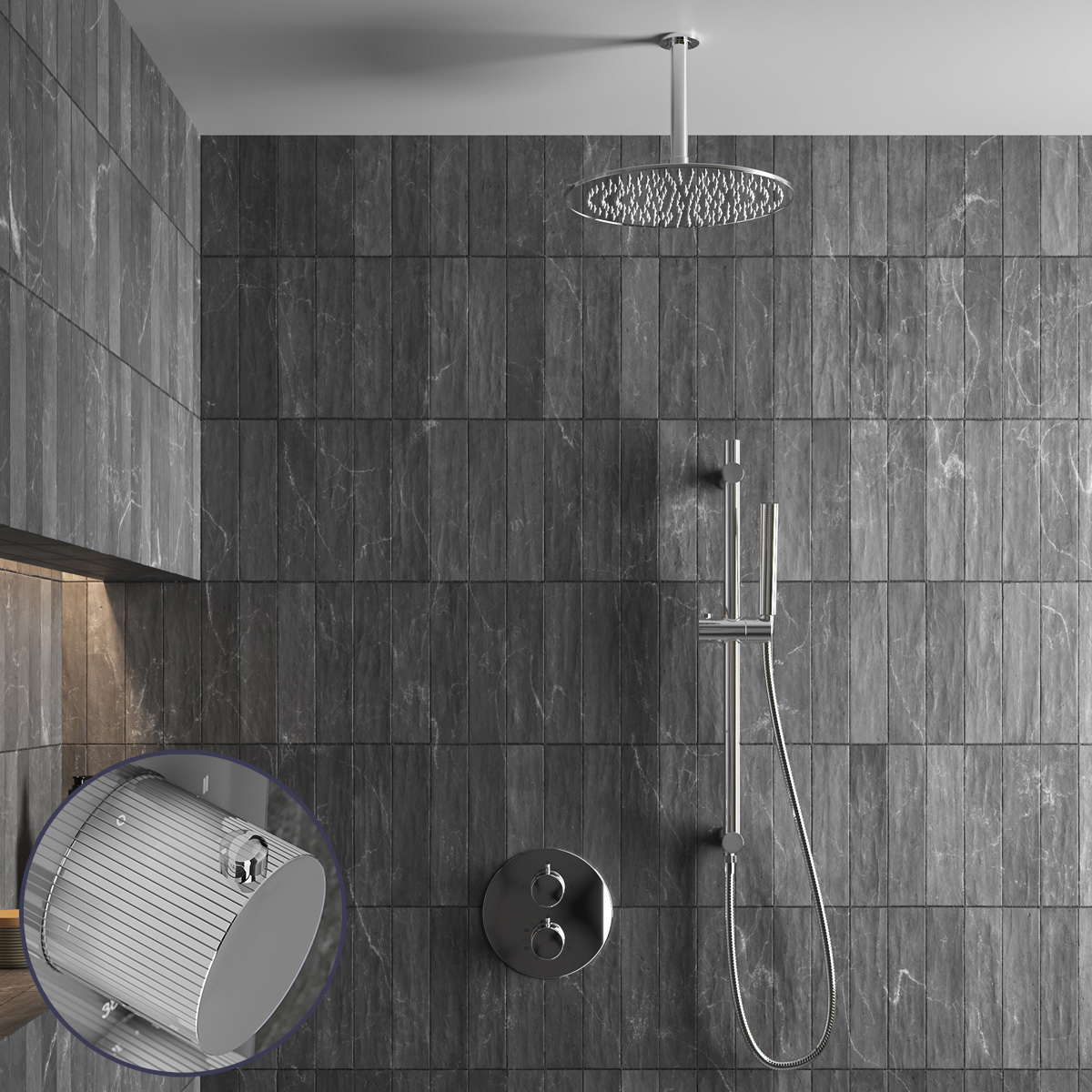 Saniclear Talpa Stripes inbouw regendouche rond met 30cm hoofddouche, plafondarm en glijstang chroom