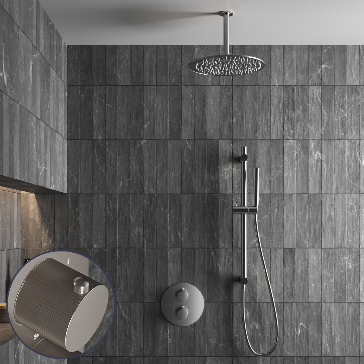Saniclear Exclusive Stripes inbouw regendouche rond met 30cm hoofddouche, plafondarm en glijstang RVS