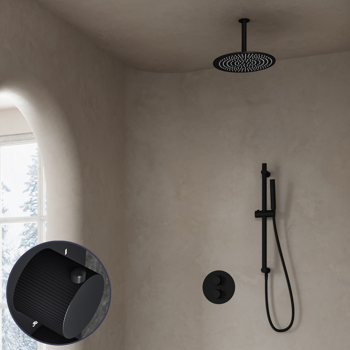 Saniclear Nero Stripes inbouw regendouche rond met 30cm hoofddouche, plafondarm en glijstang zwart mat