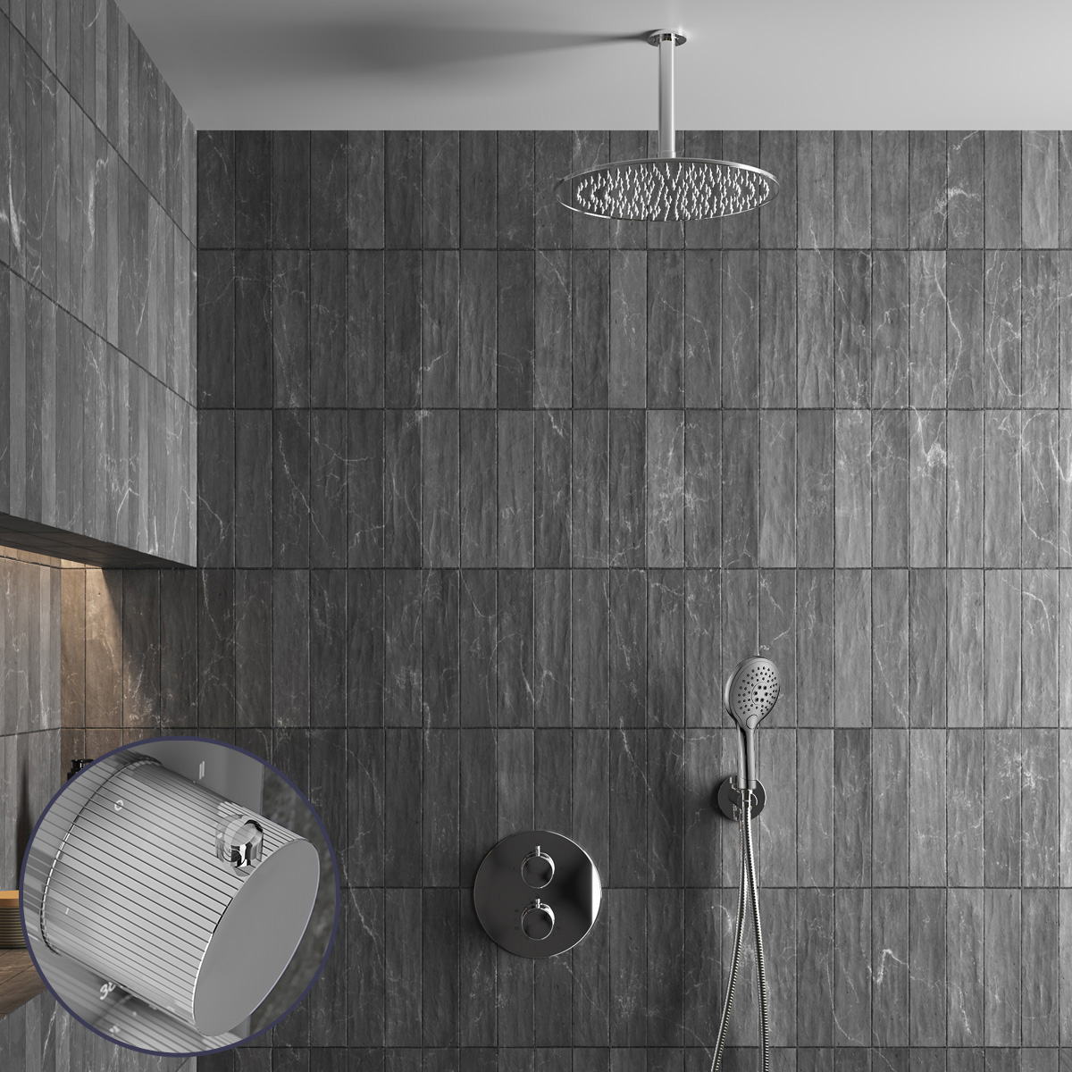 Saniclear Talpa Stripes inbouw regendouche rond met 30cm hoofddouche, plafondarm en 2 standen handdouche chroom