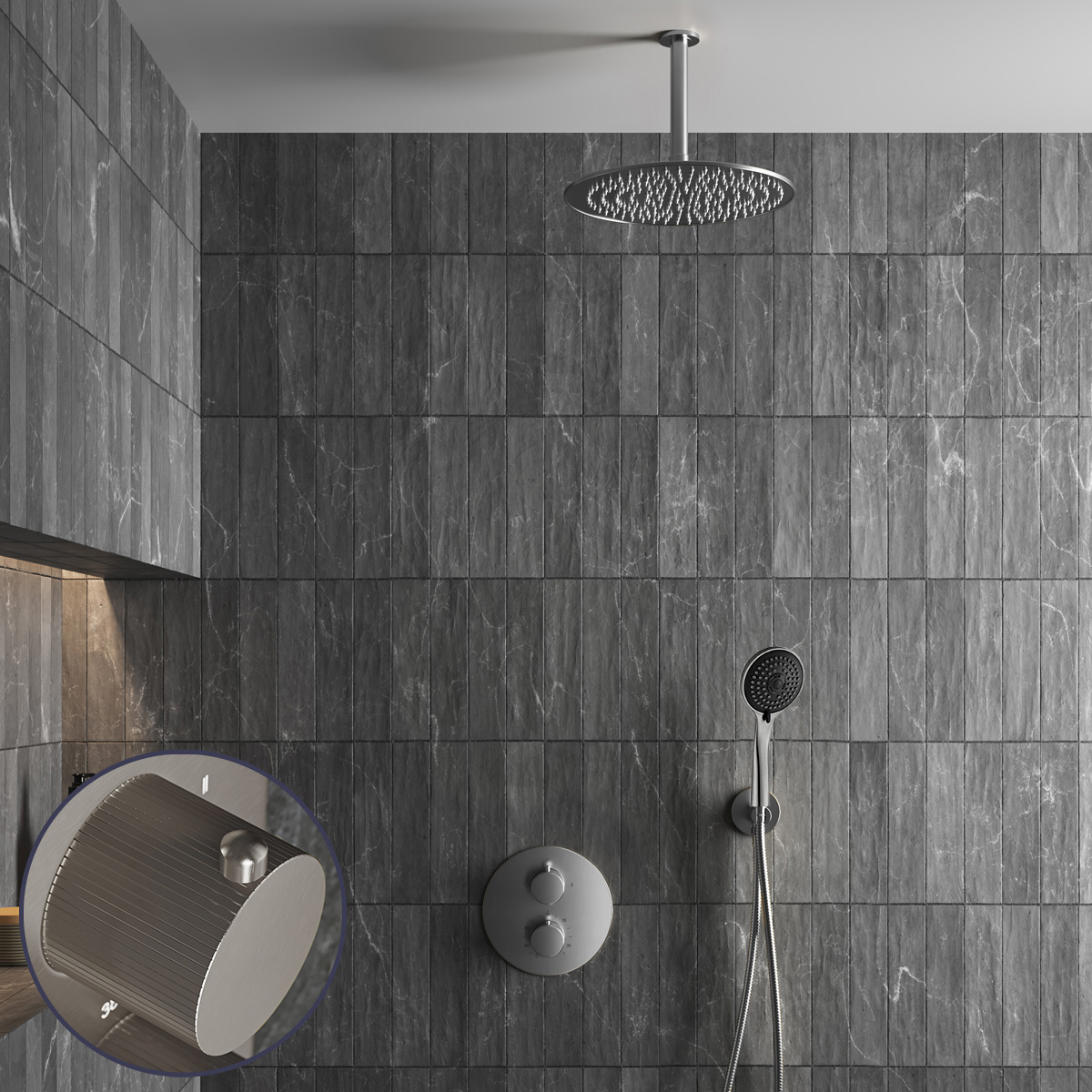 Saniclear Exclusive Stripes inbouw regendouche rond met 30cm hoofddouche, plafondarm en 3 standen handdouche RVS