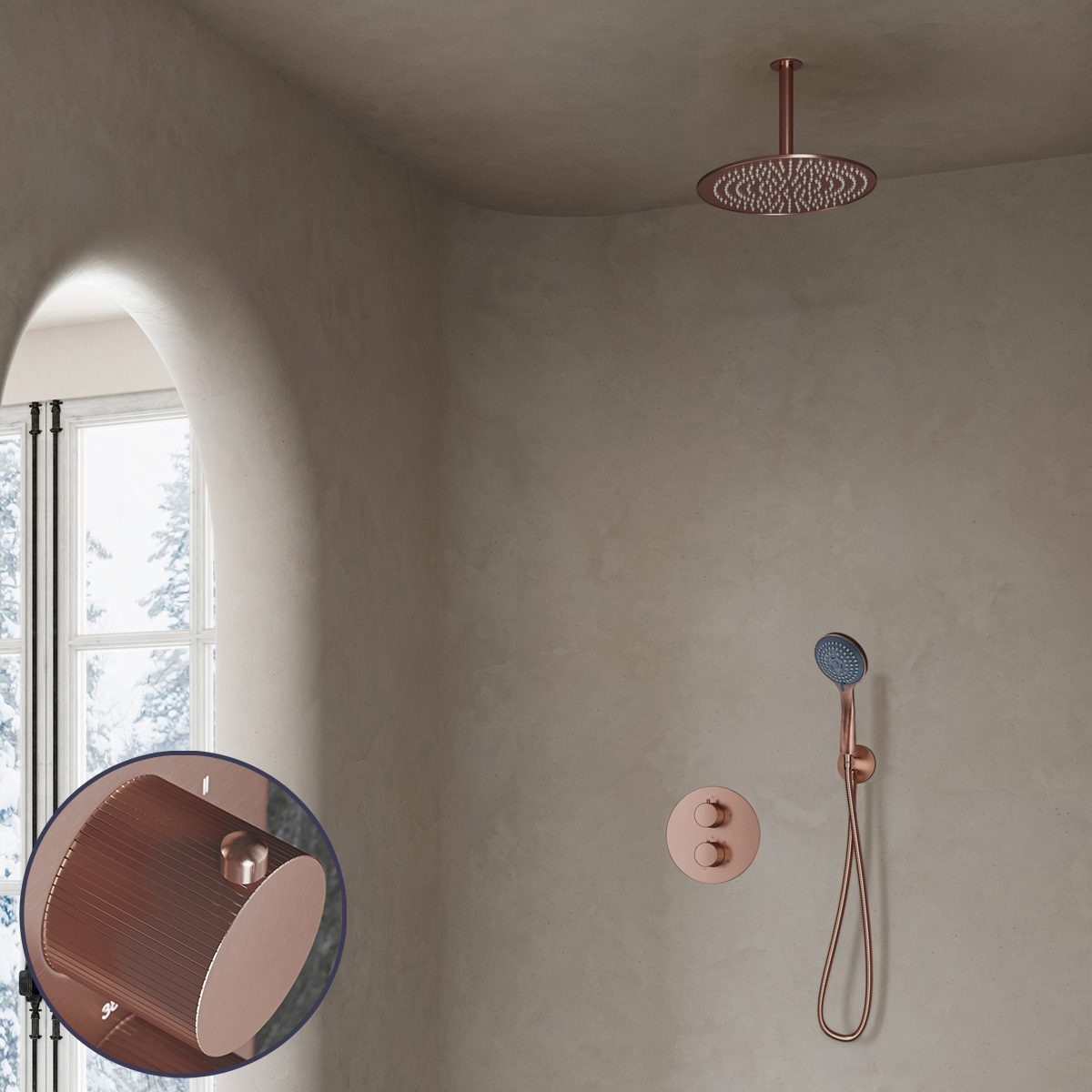 Saniclear Copper Stripes inbouw regendouche rond met 30cm hoofddouche, plafondarm en 3 standen handdouche geborsteld koper