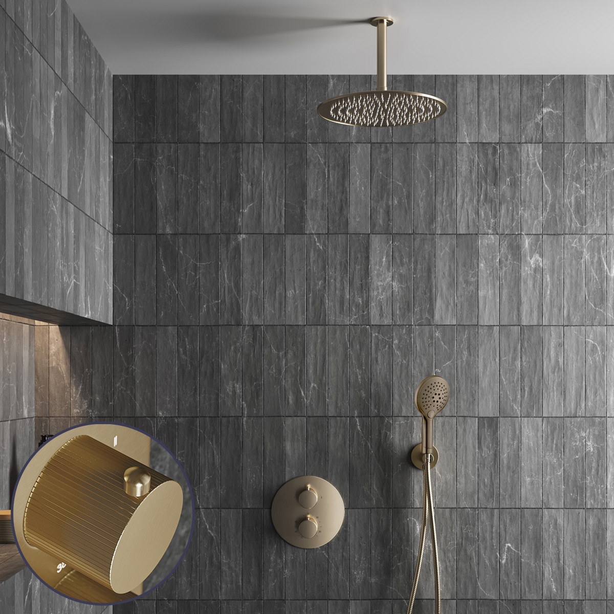 Saniclear Brass Stripes inbouw regendouche rond met 30cm hoofddouche, plafondarm en 2 standen handdouche geborsteld messing - mat goud