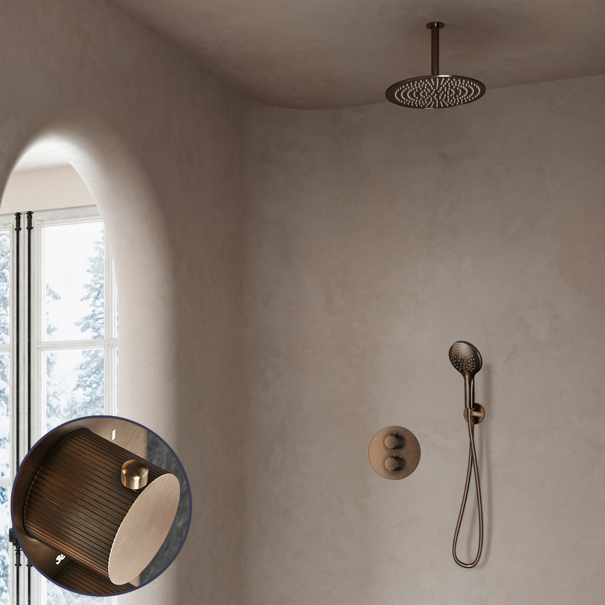 Saniclear Antique Stripes inbouw regendouche rond met 30cm hoofddouche, plafondarm en 2 standen handdouche verouderd messing